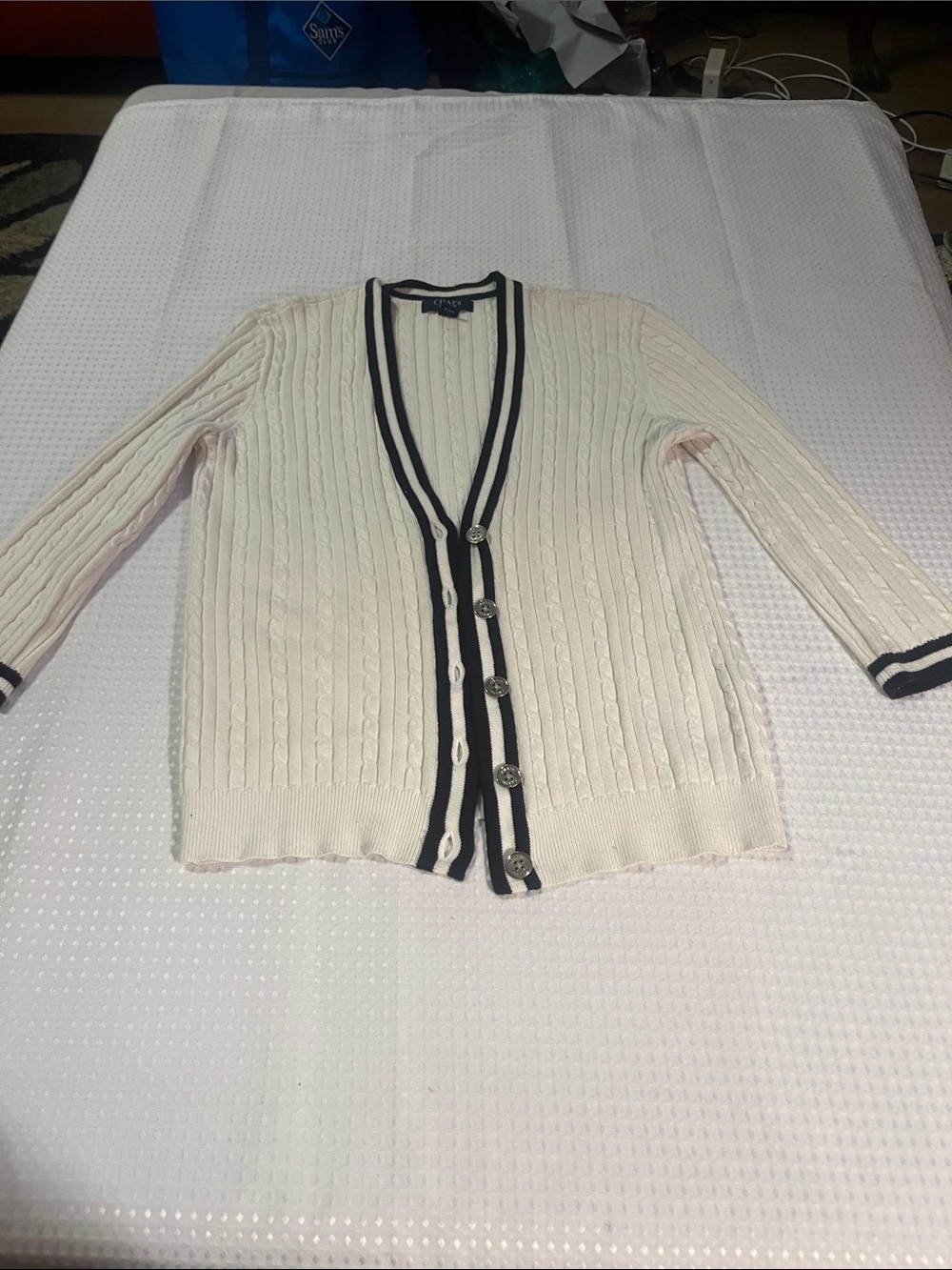 Chaps Cable Knit V-Neck Cardigan Sweater - Ivory with Black Trim
